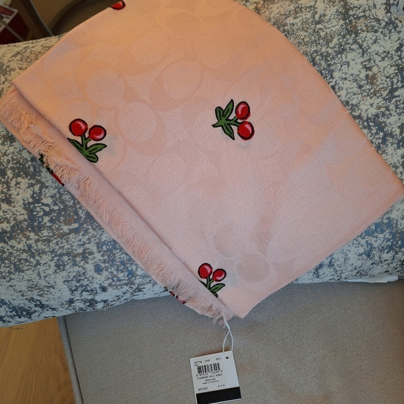 NWT Coach Women Signature Cherries Print Wrap Scarf Wool & Silk Blush Pink $175 - Picture 3 of 5